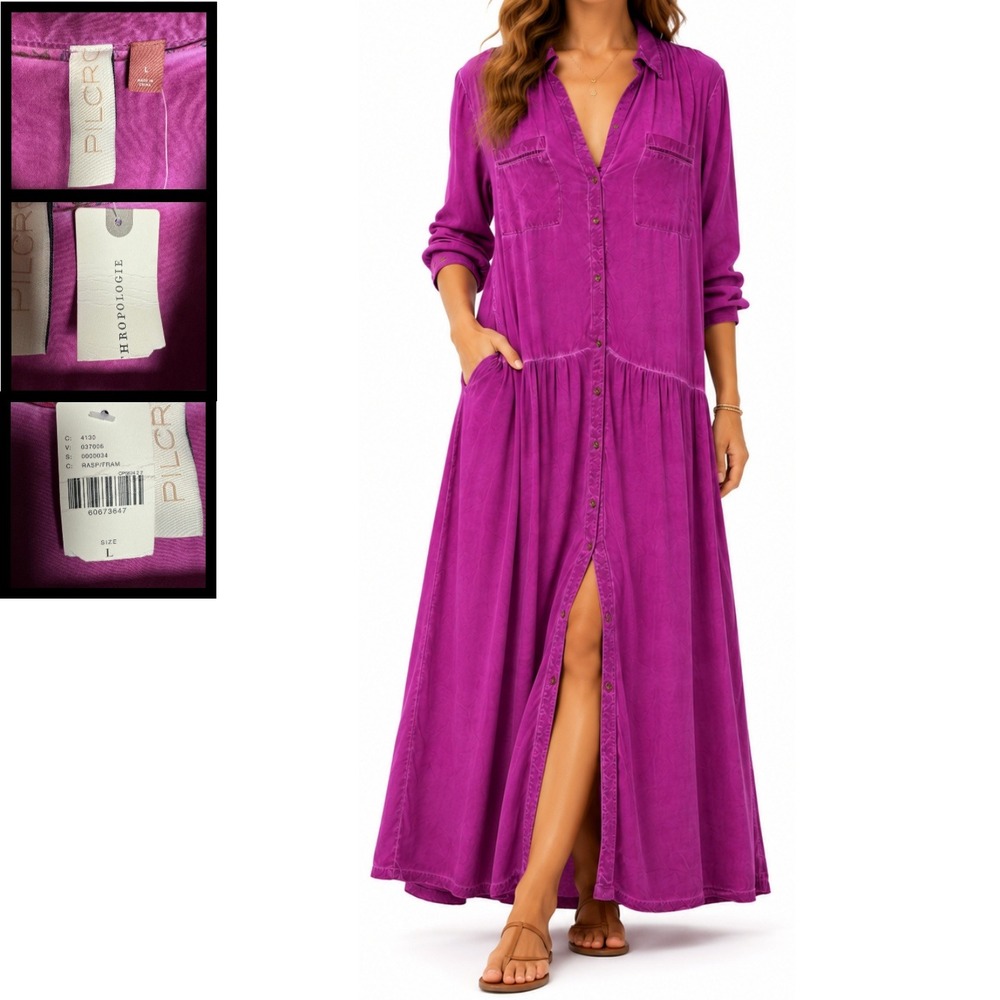 Anthropologie Pilcro Maxi Shirt Dress Women L Kimberly Raspberry Pink Purple NEW